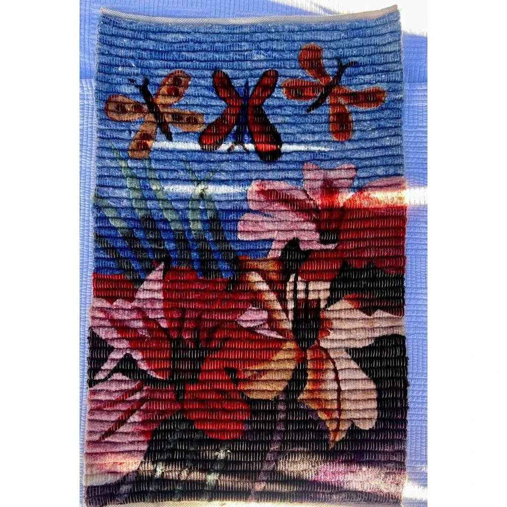 Vintage Handmade Peru Wool Butterfly Floral Tapestry Wall Hanging 23x15